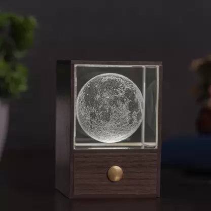 3D Crystal Cube Moon with LED Night Lamp (10 cm, Walnut)