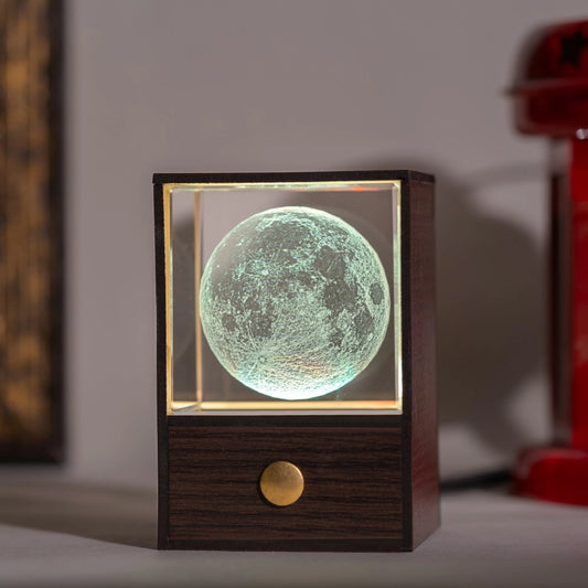 3D Crystal Cube Moon with LED Night Lamp (10 cm, Walnut)